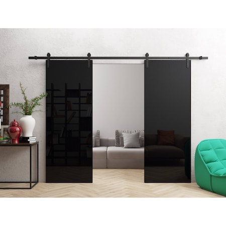 Sartodoors Double Barn Door 80 x 80 inches, Planum 0010 Gloss Black, 13FT Rail Track Set, Solid Panel Interior PLANUM0010DB-B-GLB-84