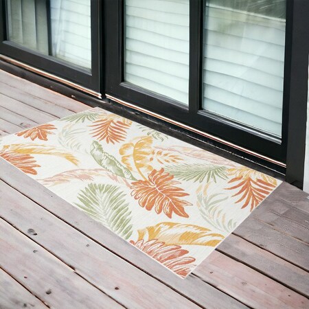 Homeroots 2' X 3' Ivory Green and Orange Palm Leaf Stain Resistant Indoor Outdoor Area Rug 548910
