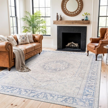 World Rug Gallery Blue Vintage Medallion Washable Rug - Flat Pile for Living Room or Kitchen 7 ft 7 in x 9 ft 6 in WR170BLUE8X10