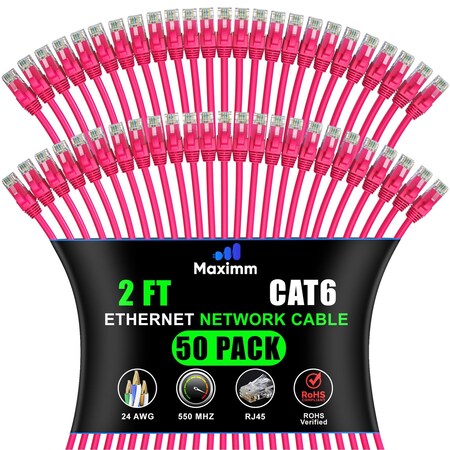 Maximm Cat6 Ethernet Cable 2ft 10Gbps 550MHz UTP, 50PK, Pink, 50PK CAT6CCA-2PN-50PK