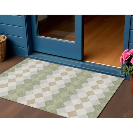 Homeroots 3' X 5' Artichoke Green Ivory And Beige Geometric Washable Indoor Outdoor Area Rug 597860
