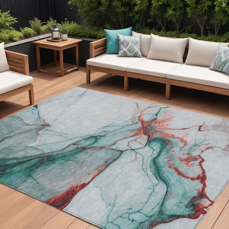 Homeroots 9' X 12' Teal Blue And Terra Cotta Abstract Washable Indoor Outdoor Area Rug 617882