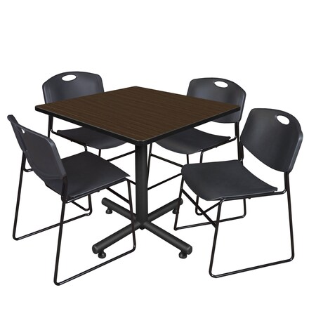 Regency Square Kobe Breakroom Table W/ 4 Zeng Stack Chairs, 42 in W, 42 in L, Neo Walnut TKB4242NW44BK