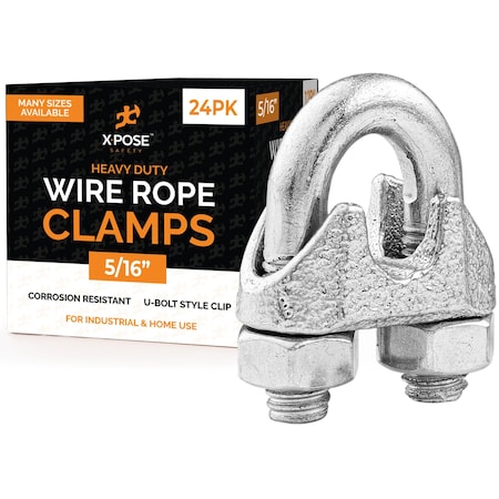 Xpose Safety Wire Rope Clamp for Stainless Steel 5/16in Galvanized U Bolt Cable Clips, 24PK GCC516-24-X-S