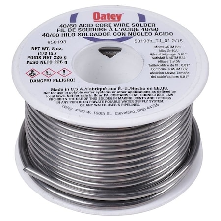 Oatey Acid Core Wire Solder, 1/2 lb, Solid, Silver, 360 to 460 deg F Melting Point 50193