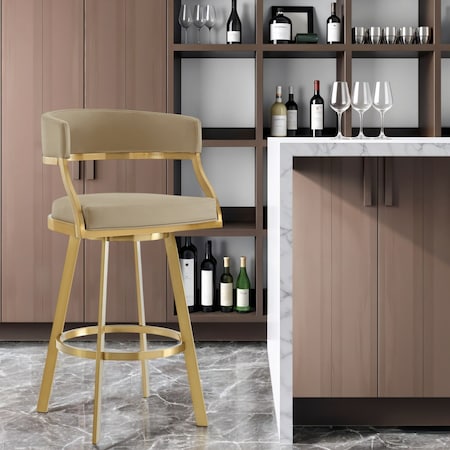Homeroots 30" Sand and Gold Faux Leather and Stainless Steel Low Back Bar Height Swivel Bar Chair 569173