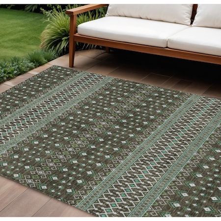 Homeroots 10' X 14' Brown Green And Olive Green Tribal Washable Indoor Outdoor Area Rug 582553