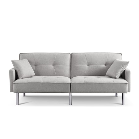 Homeroots 85" Light Gray Polyester Blend Convertible Futon Sleeper Sofa And Toss Pillows With Silver Legs 544954