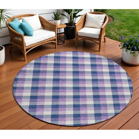 Homeroots 8' Navy Blue Purple And Beige Round Plaid Washable Indoor Outdoor Area Rug 601412