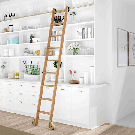 Quiet Glide 8.92 ft. Red Oak Sunburst Wheel Brushed Satin Brass Rolling Ladder, 12 ft. Rail QG.210-9RO-12-H.06B