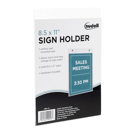 Nudell Sign Holder, Vertical Wall Mounted, Clear Plastic, 8.5x11 in 38011Z