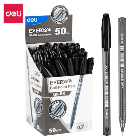 Deli EveryU Capped Ballpoint 0.7mm, Black Ink, Triangular Grip, 50PK EQ9-BK