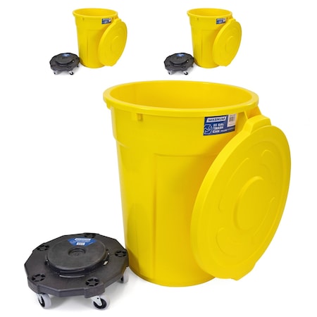 Magnum Tool Yellow 55 Gallon Trash Can Set (Trash Can, Quiet Dolly, and Reinforced Lid) (3 Set) CMTC-CLD0-55Y03