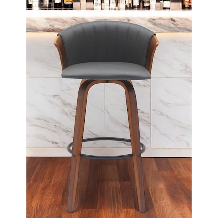 Homeroots 30" Gray And Wood Brown Faux Leather Swivel Bar Height Bar Chair 534421