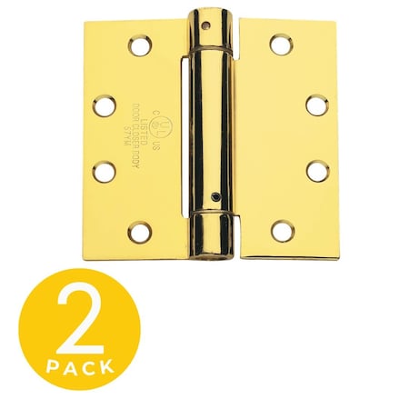 Global Door Controls 4 in. x 4 in. Bright Brass Spring Full Mortise Square Corner Door Hinge with Fixed Pin - Pack of 2 CPS4040-US3-M