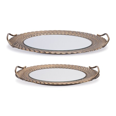 Homeroots Set of Two Antiqued Bronze Metal And Mirrored Glass Oval Serving Trays With Handles 634506