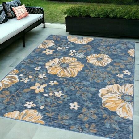 Homeroots 5' X 7' Blue White and Yellow Floral Stain Resistant Indoor Outdoor Area Rug 548892