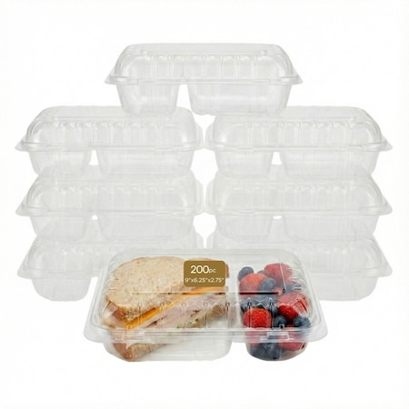Eco Harmony Products Food Storage Container, Hinged, Plastic, Translucent, 2 compartments, 9" x 6.25", 200PK 804622