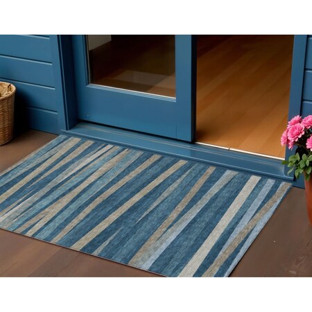 Homeroots 3' X 5' Denim Blue And Gray Striped Washable Indoor Outdoor Area Rug 597319
