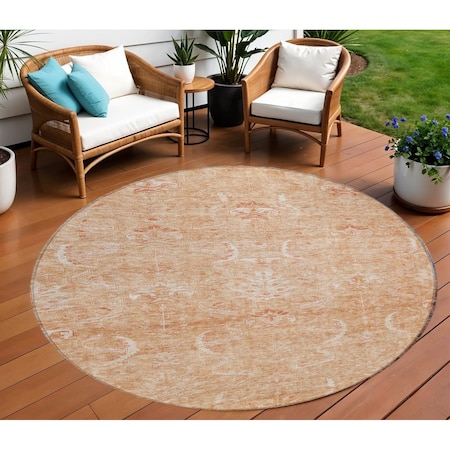 Homeroots 8' Salmon And Terra Cotta Round Damask Washable Indoor Outdoor Area Rug 603367