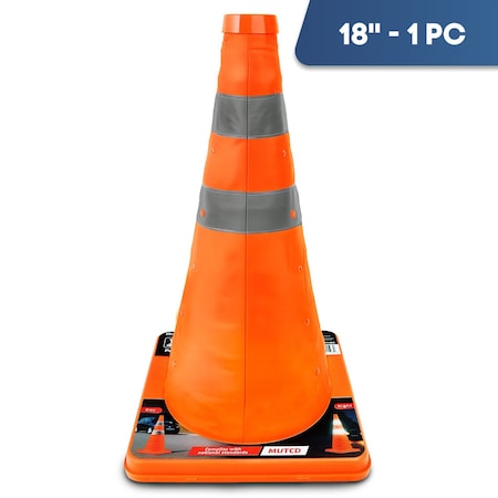Dsv Standard Collapsible Traffic Cone 18 in with Reflective Collars 1 PK, Orange, Nylon Body 97118С