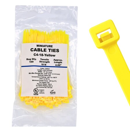 Cable Ties Unlimited Cable Tie, 4 in L, 18 lb Strength, 1 in Max Bundle Dia, Nylon 6/6, Yellow 100PK C4-18-Yellow