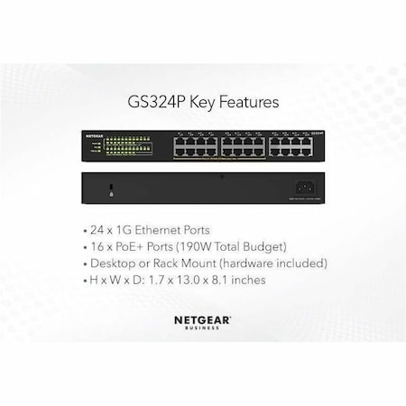 Netgear GS324P 24-PORT GIGABIT ETHERNET UNMANAGED POE+ SWITCH WITH 190W POE BUDGET AND 1 GS324P-100NAS