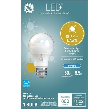 Ge LED+ Dusk To Dawn Light Bulb, General-Purpose, A19 Lamp, 60 W Equivalent, Medium E26 Lamp Base 93121487