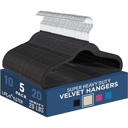 Lifemaster Velvet Hangers, Swivel Hook, Non-Slip, Heavy Duty, Holds 10 lbs, Black, 5PK LMVEL5