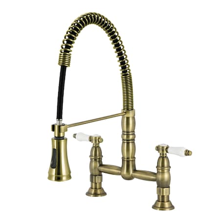 Kingston Brass Double-Handle Deck-Mount Pre-Rinse Bridge Kitchen Faucet, Antique Brass GS1273BPL