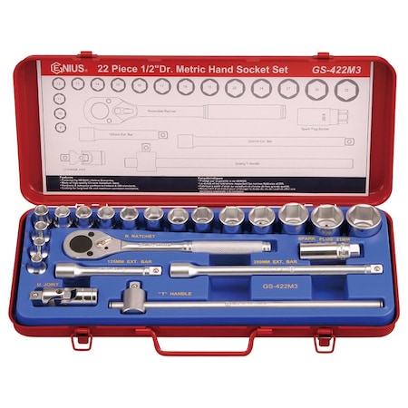 Genius Tools 22PC 1/2in Dr. Metric Hand Socket Set GS-422M3