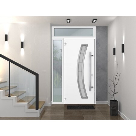 Vdomdoors Steel Door Deux 6500 White Sidelight and Transom Window Stainless Inserts Single Modern Painted-W36 DEUX6500EXD-WS-W36+12 x H80+16-Right-hand Inswing