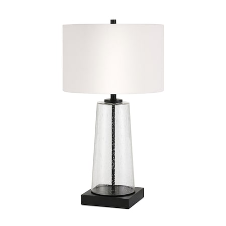 Homeroots 27" Black and Clear Metal and Glass Table Lamp With White Drum Shade 524277