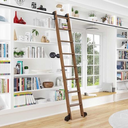 Quiet Glide 8.06 ft. Walnut Contemporary Wheel Black Rolling Hook Removable Ladder, 12 ft. Rail QG.540-8WA-12-H.08