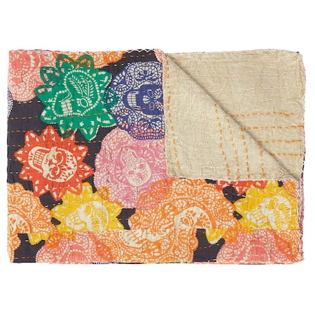 Homeroots 50" X 70" Black Green Red and Pink Kantha Cotton Patchwork Throw Blanket with Embroidery 357576