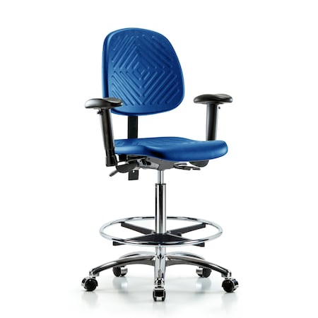 Blue Ridge Ergonomics Poly Chair Chrome, High Bench, Med Back, Arms, Foot Ring, Casters, Blue BR-PHBCH-MB-CR-T0-A1-CF-CC-BLU