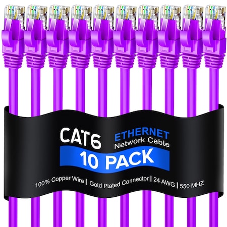Maximm Cat6 Ethernet Cable 0.9ft 10Gbps 550MHz UTP, 10PK, Purple, 10PK CAT6-0.9FT-PURPLE-10PK
