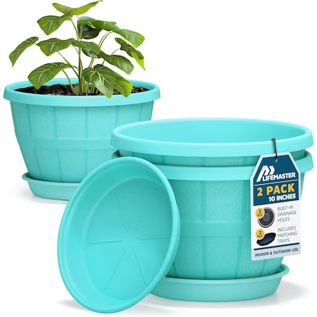 Lifemaster 10-Inch Whiskey Barrel Planters, Durable Plastic Pots with Drainage and Saucer, 2PK LMPBP2SBU2