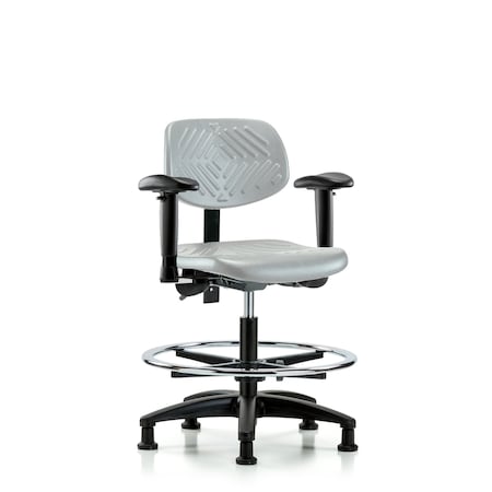 Blue Ridge Ergonomics Poly Chair-Med Bench Height with Seat Tilt, Adj Arms, Chrome Foot Ring, &Stationary Glides in Gray Poly PMBCH-RG-T1-A1-CF-RG-GRY