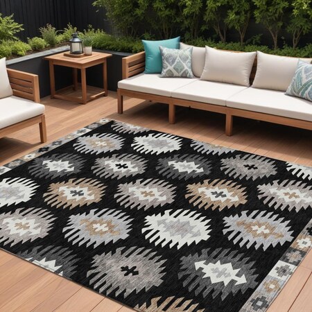 Homeroots 10' X 14' Black Ivory And Taupe Southwestern Washable Indoor Outdoor Area Rug 615121