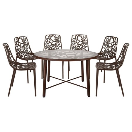 Leisuremod Devon 7-Piece Aluminum Patio Dining Set, Tempered Glass Top Table & 6 Stackable Chairs, Brown DT48C6BR