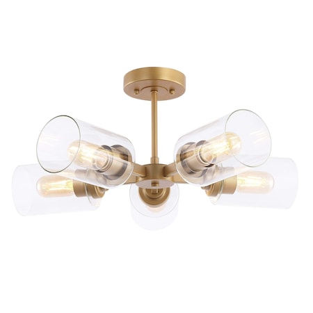 Jonathan Y Jaymes 21.5" 5-Light Farmhouse Industrial Iron Cylinder LED Semi Flush Mount, Brass Gold/Clear JYL9544A