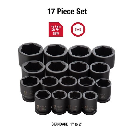 Sunex 3/4" Dr. 17 Pc. Heavy Duty SAE Impact Socket Set 4683