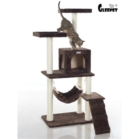 Aeromark GleePet  57-Inch Real Wood Cat Tree In Coffee Brown With Four Levels  Ramp  Hammock And Condo AE23262