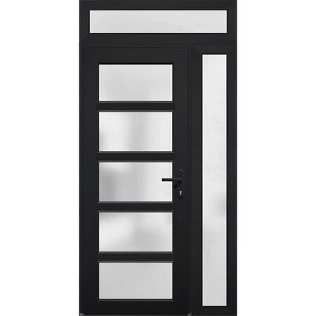 Vdomdoors Front Exterior Prehung FiberGlass Door Frosted Glass / Manux 8002 Matte Black / Sidelight and Trans MANUX8002EXD-BLK-W30+14 x H80+14-LH