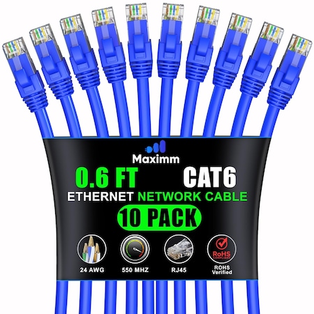 Maximm Cat6 Ethernet Cable 0.6ft 10Gbps 550MHz UTP, 10PK, Blue, 10PK CAT6-CCA-0.6FTBLUE-10PK