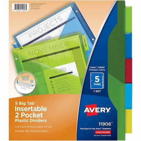 Avery Plastic Two-Pocket Insertable Dividers, Assorted, 5 Tabs/Set 11906