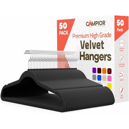 Campior Premium Velvet Non-Slip Hangers, Heavy Duty, 360 Deg Swivel Hook, Black Velvet Finish, 50PK CMPVVH50BK