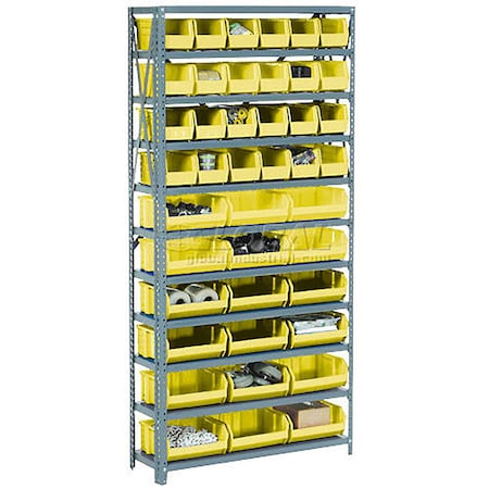Global Industrial Steel Open Shelving - 15 Yellow Plastic Stacking Bins 8 Shelves 36 x 18 x 73 506208YL