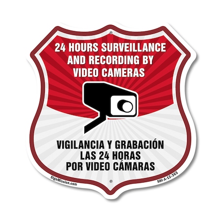 Bilingual 24 Hour Surveillance Shield Si, 12 Inch X 12 Inch, Aluminum Metal Sign